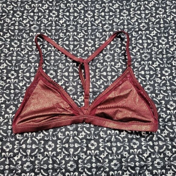 NWOT VS PINK Maroon Gold Shimmer Triangle Mesh Workout Athletic Unlined Bralette - Picture 1 of 6
